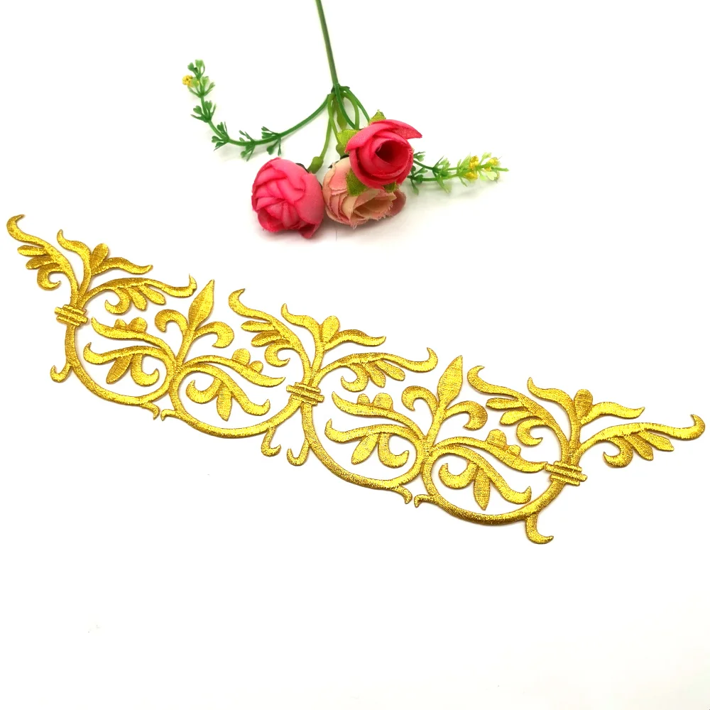 1 stück Gold Gestickte Patches Eisen Auf Blume Appliques Für Bekleidungs Diy Schneidet Shiny Metallic Goldene Zubehör 28*6cm
