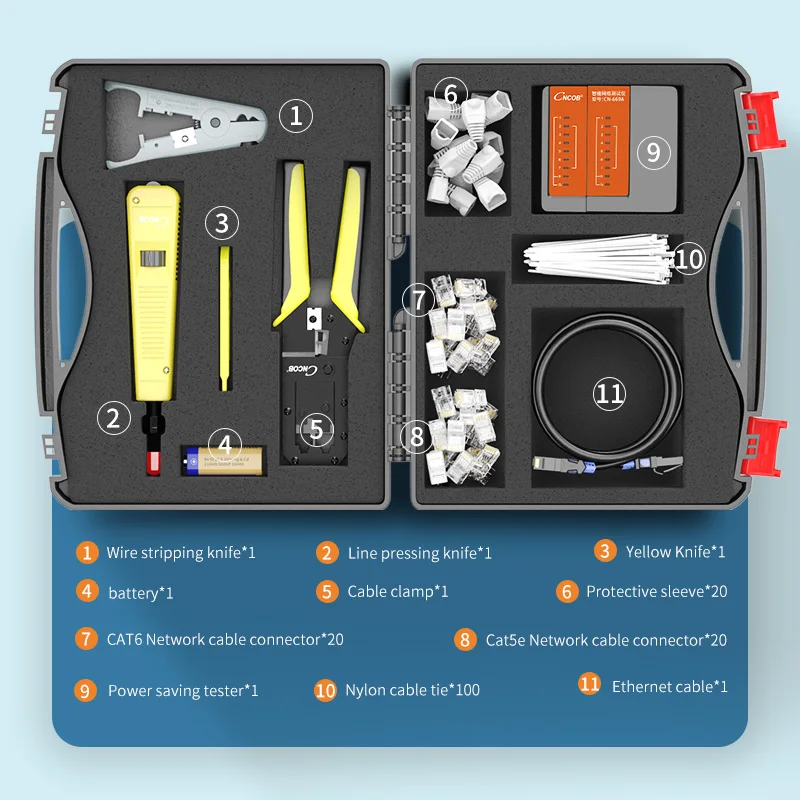 Rj45 Crimping Tool Set , 10 in 1 Portable Network Repair Box Cable Tester Plier Crimping Crimper Clamp RJ 45 Connectors Kit