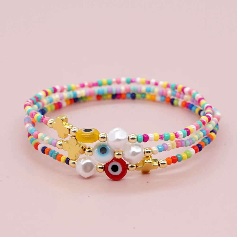 Easter Charm Bracelet Cross White Glazed Eye Faux Baroque Pearl Colorful Seed Beaded Bracelets for Women Fashion Jewelry