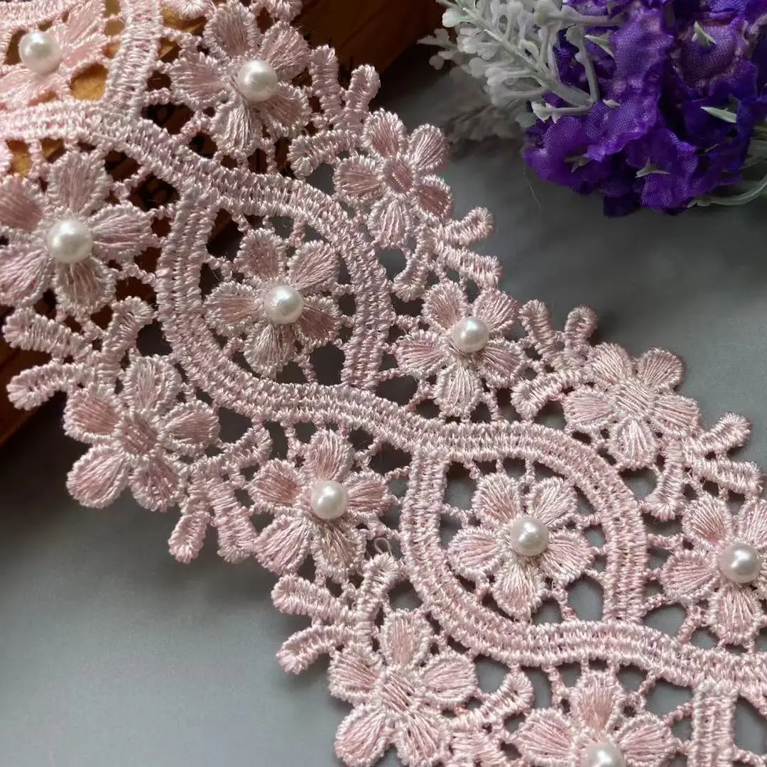 

1 Yard 8CM Pink Lace Trim Ribbon Polyester Pearl Flower Embroidered Fabric Handmade DIY Wedding Sewing Supplies Craft Decoration
