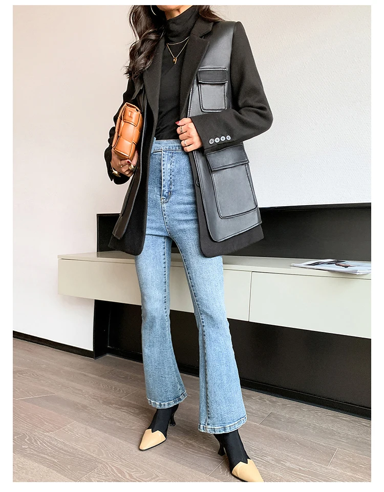 Nerazzurri Autumn Black Wool Blends Patchwork Leather Jacket Women with Many Pockets Long Sleeve Korean Fashion Streetwear 2022
