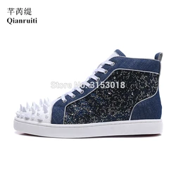 Qianruiti Men Spikes Men Casual Shoes Luxury Fashion Adhesive high top sneakers Crystal Decorated Shoes Party Lace Up Flats