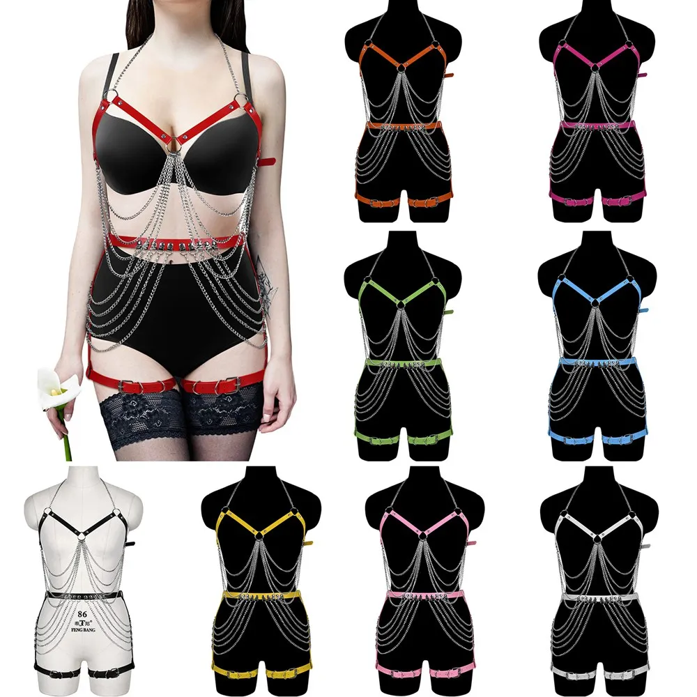 

Body Harness Luxury Leather Belt Chain 2PC Lingerie Set Goth Metal Accessories Adjust Strap Sexy Jewelry Sword belt Thigh Bands