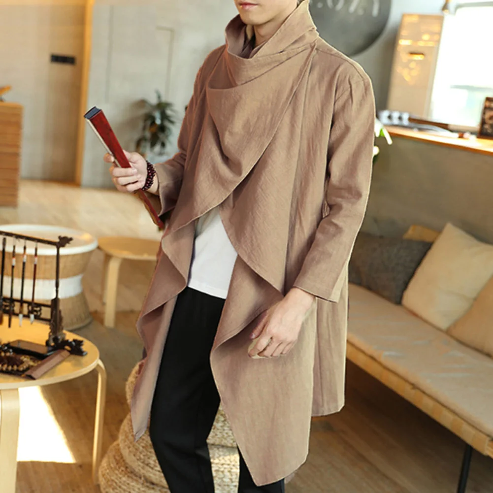 Men Coats Long Sleeve Scarf Collar Trench Ponchos Cotton Outwear Solid Cloak Vintage Irregular Jackets Men Streetwear