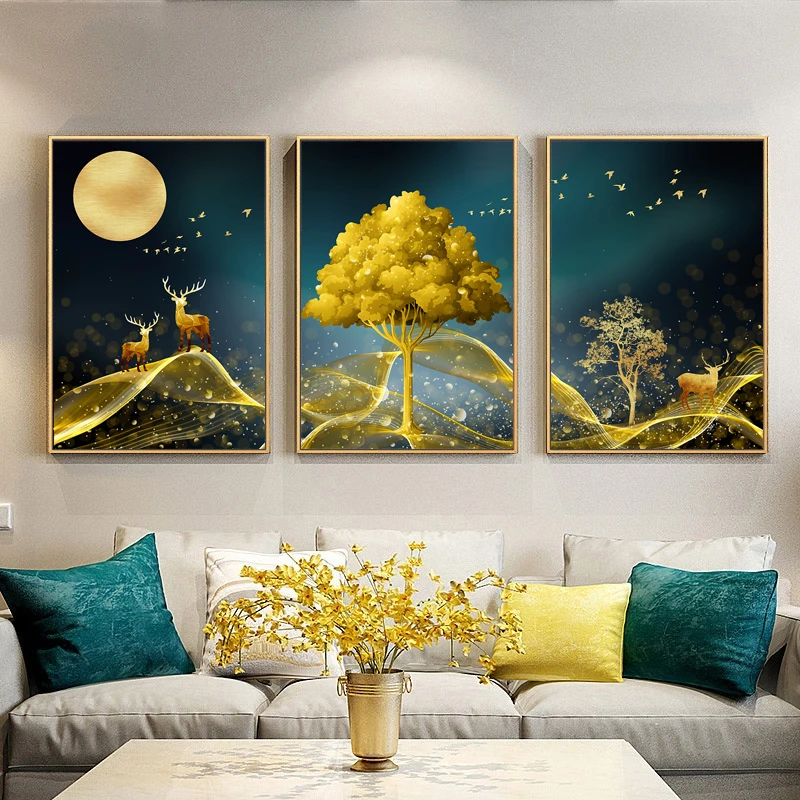 

Goldren Tree and Deer Animals Wall Art Posters and Prints Wall Pictures for Living Room Nordic Style Home Decor Canvas Paintings