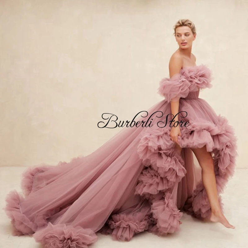 Trendy Dusty Pink High Low Mesh Prom Gowns Off Thr Shoulder Ruffles Tulle Formal Party Dress Fluffy Long Prom Dresses