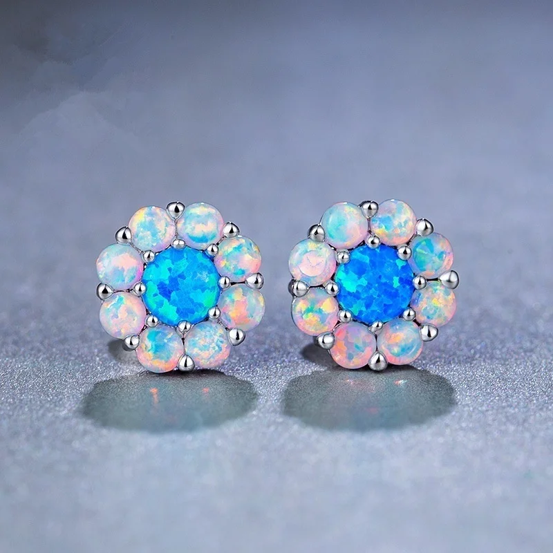 Fashion Women Jewelry Fire Opal Earrings Flowers Crystal Wedding Ear Stud For Women Birthday Gift Accessories