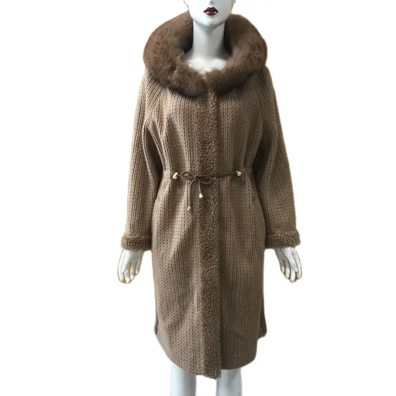 

New Fashion Women Casual Long Wool Woven Coat Raccoon Fur Collar Coat S-3XL