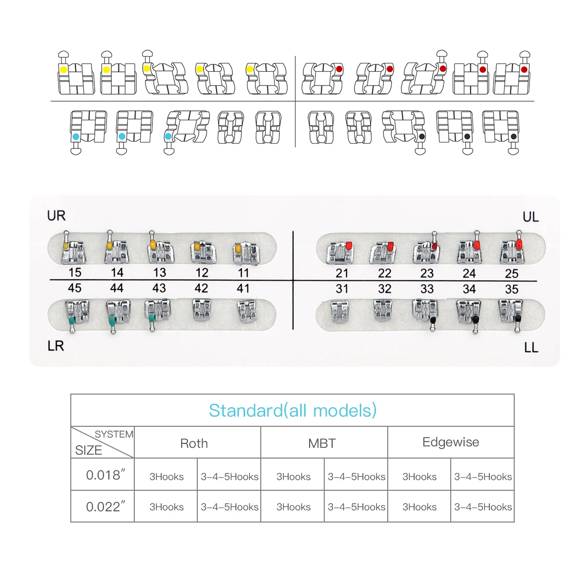 10 Packs AZDENT Dental Orthodontic Metal Brackets Braces Split Welding Standard Roth/MBT/Edgewise 022/018 Hooks 3/345