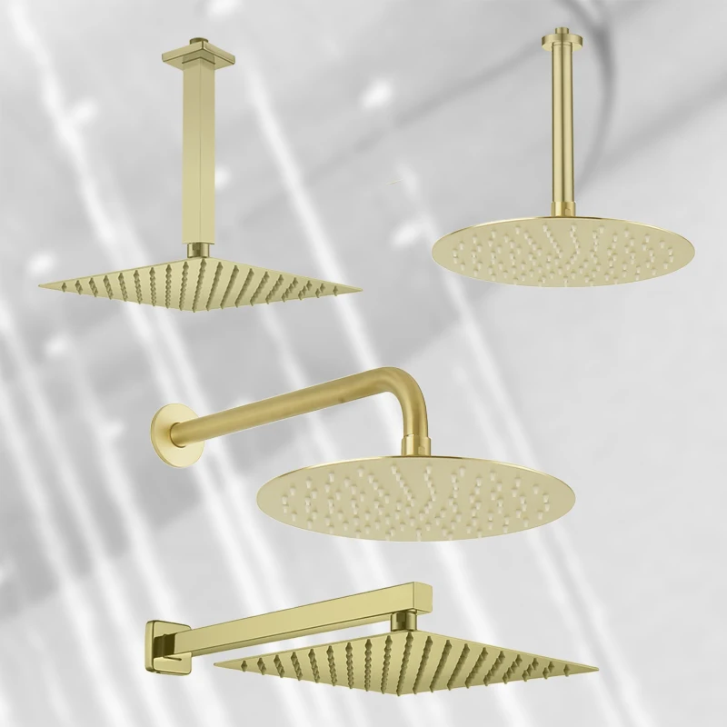 Ceiling Wall Mounted Overhead Shower Arm Set Gold Head Shower Holder Square Round Stainless Steel