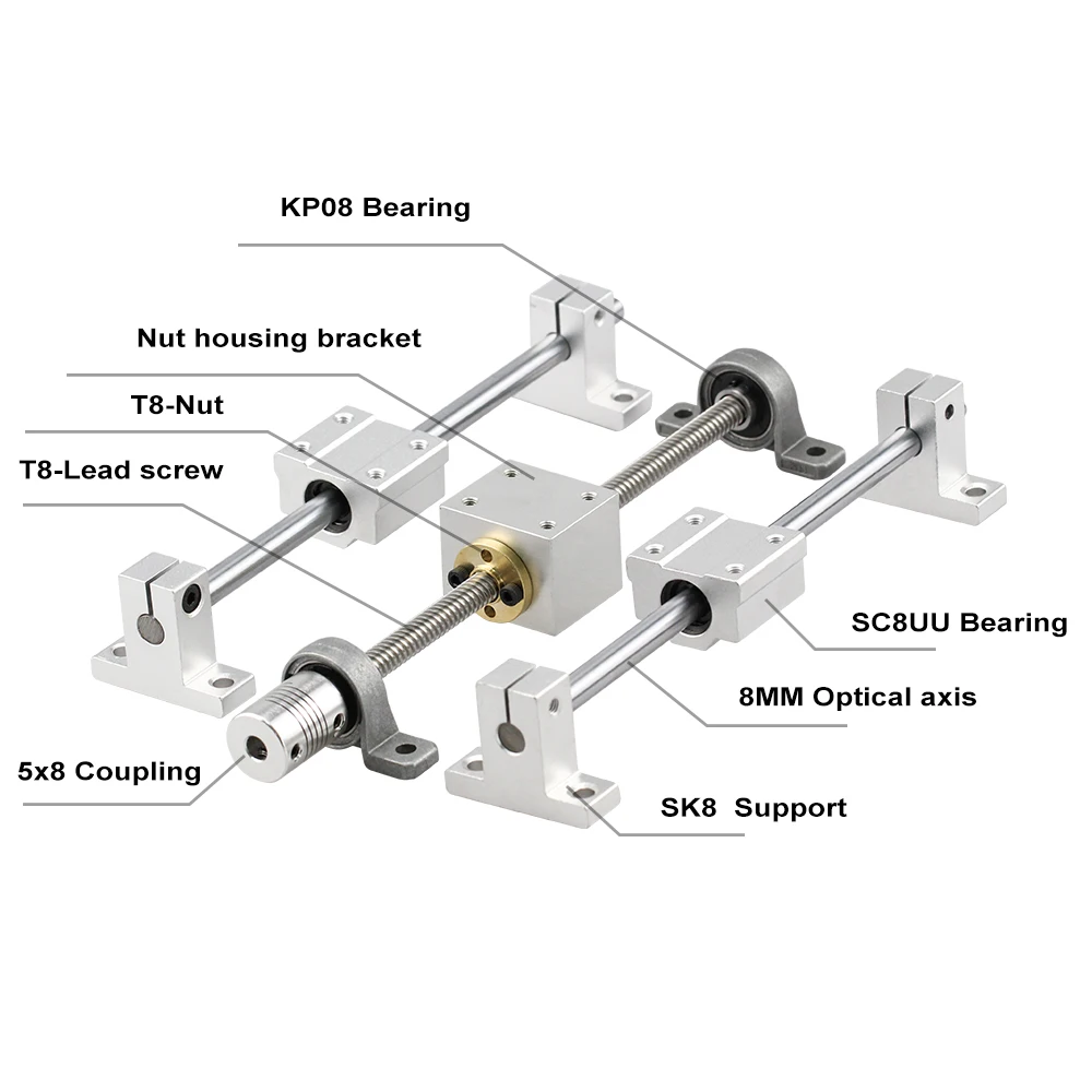 3D printer Guide rail parts -T8 Lead Screw 200mm 300mm 400mm 500mm +Optical axis +KP08 bearing bracket +housing mounting bracket