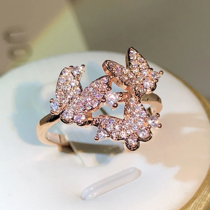클래식 우아한 로즈 골드 3 나비 오픈 링, 925 스털링 실버, 여성 파티 외출 패션 주얼리 선물