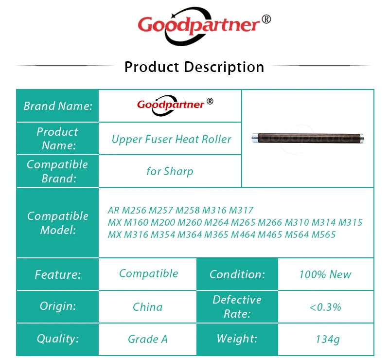 10X NROLM0129QSZZ Upper Fuser Heat Roller for Sharp AR M256 M257 M258 M316 M317 MX M160 M200 M260 M264 M265 M266 M310 M314 M315