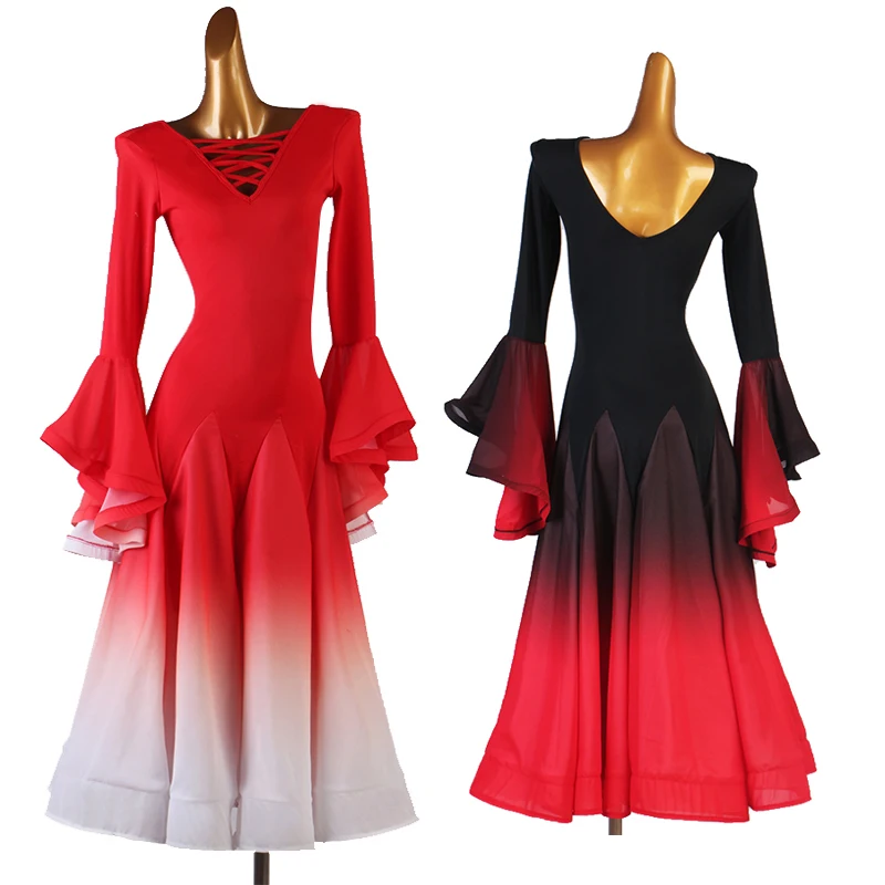 

New Modern Dance Costumes For Women Adult Long Sleeve White Elegant Practice Clothes Ballroom Dance Competition Dresses DQL5212