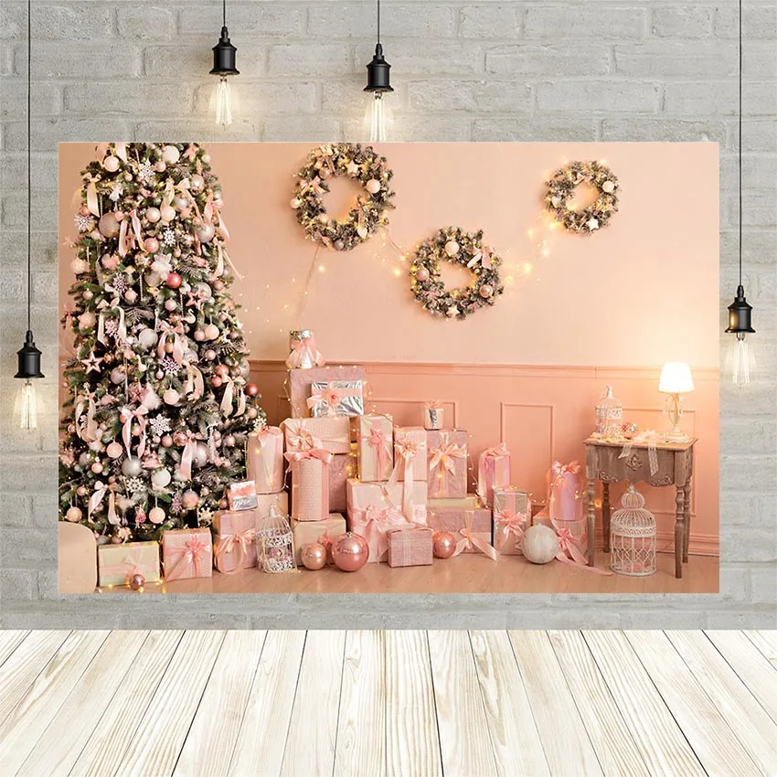 Avezano Christmas Tree Photography Background Pink Wall Gift Wreath Light Girls Portrait Decoration Backdrop for Photo Studio