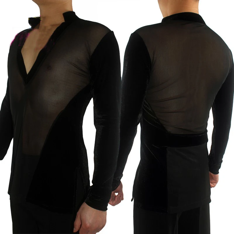 

New Men Latin Dance Competition Shirt 2019 Male Sexy Gauze Tops Professional Stage Costume Ice Skating Performance Shirts VDB847