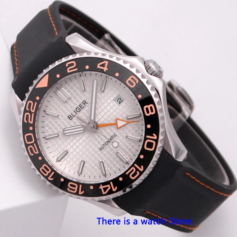 

Bliger 41mm White Dial Automatic Mechanical Mens GMT Watch Rubber Strap Sapphire Glass Luminous Calendar Wristwatch Men