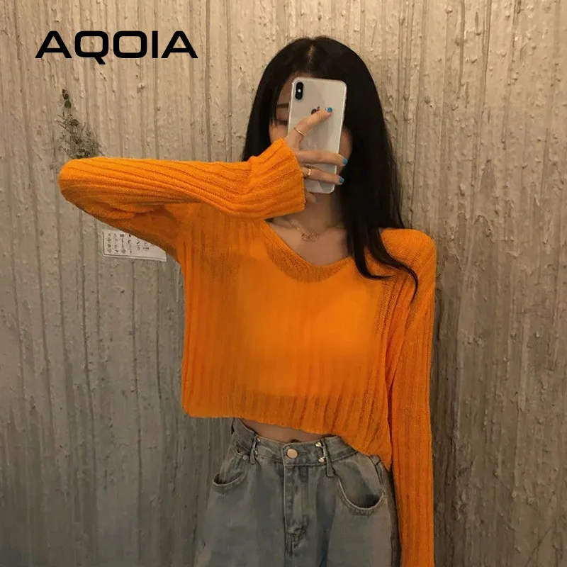 2022 Spring Sexy Solid Color thin Women Sweater Long Sleeve Loose Transparent Short Womens Sweaters INS V Neck Female Pullovers