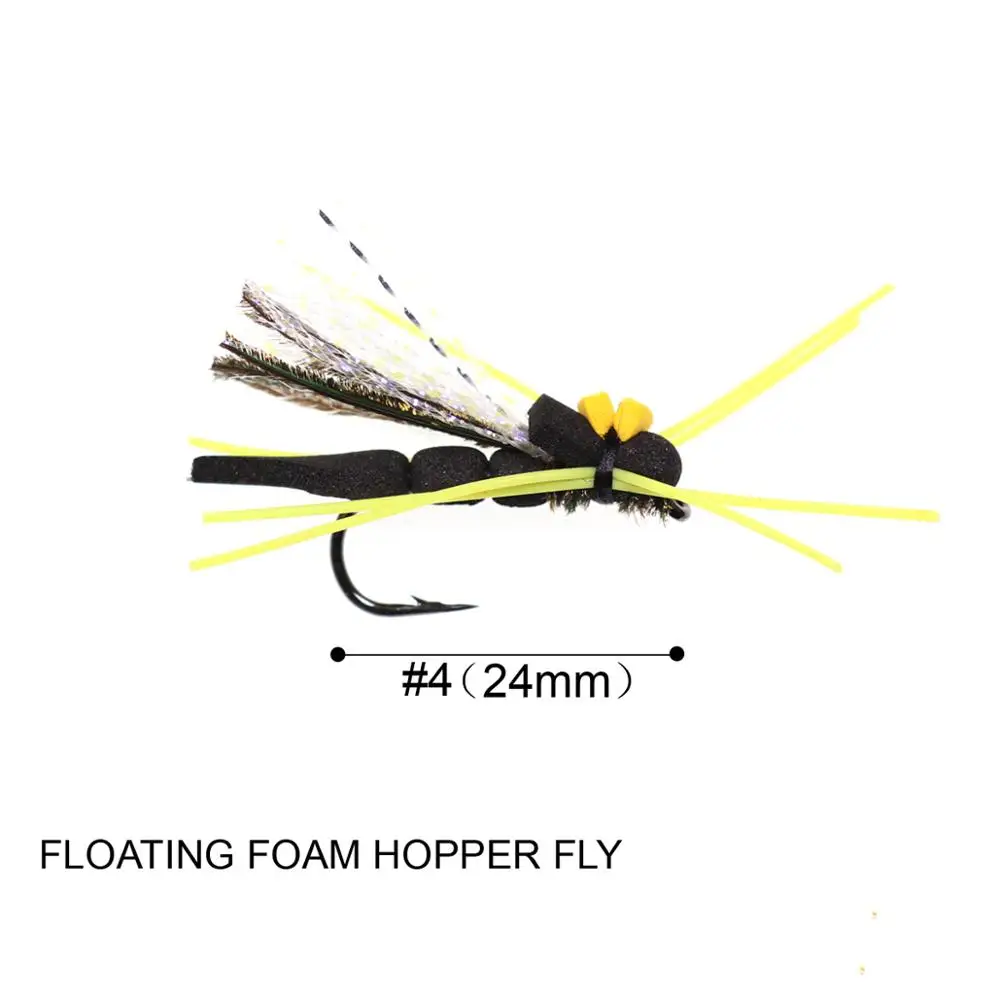 Bimoo 4PCS Black Hopper Dry Fly Floating Foam Flies Rainbow Trout Bass Perch Fly Fishing Flies Lures Size #4