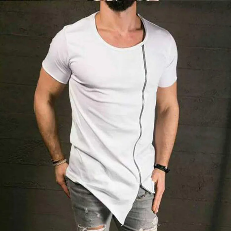 Summer wear long round neck matching half-sleeve t-shirt large undershirt high street style inclined Zipper short-sleeved t-fash