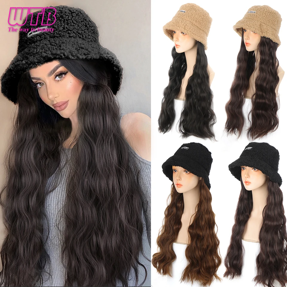 WTB Synthetic 24 Inch Long Wavy Lamb Wool Faux Hat Wig for Women Winter Bucket Hat Natural Connection Hair Extensions