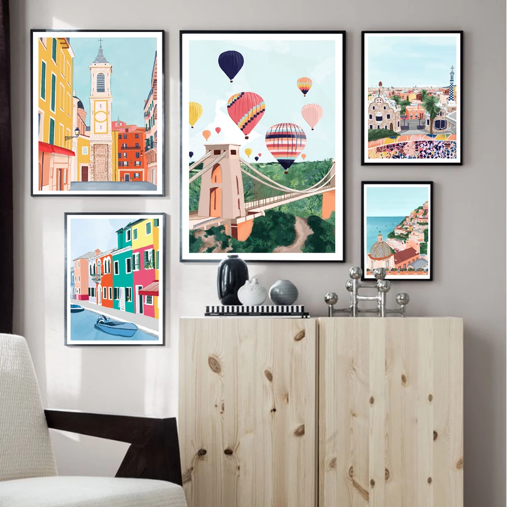 Nordic Travel Posters and Printed Barcelona Venice Landscape Canvas Painting Wall Art Italy France Pictures Room Wall Decoration