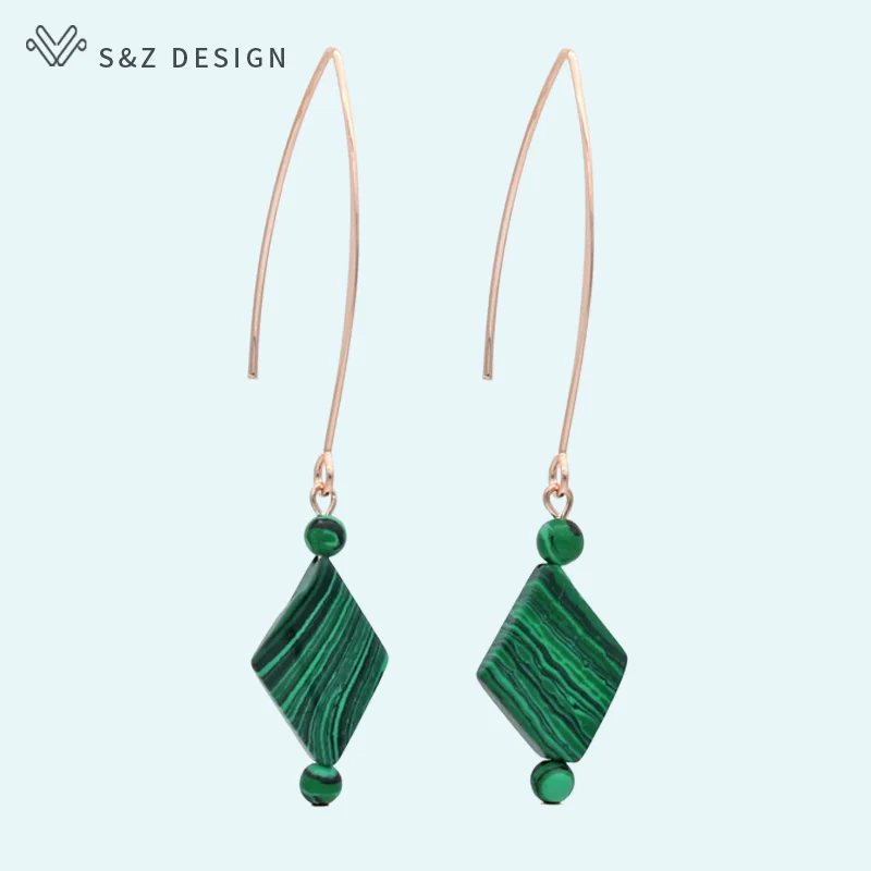 S&Z DESIGN New Long Prismatic Natural Malachite Dangle Earrings Vintage 585 Rose Gold Color Eardrop For Women Wedding Jewelry