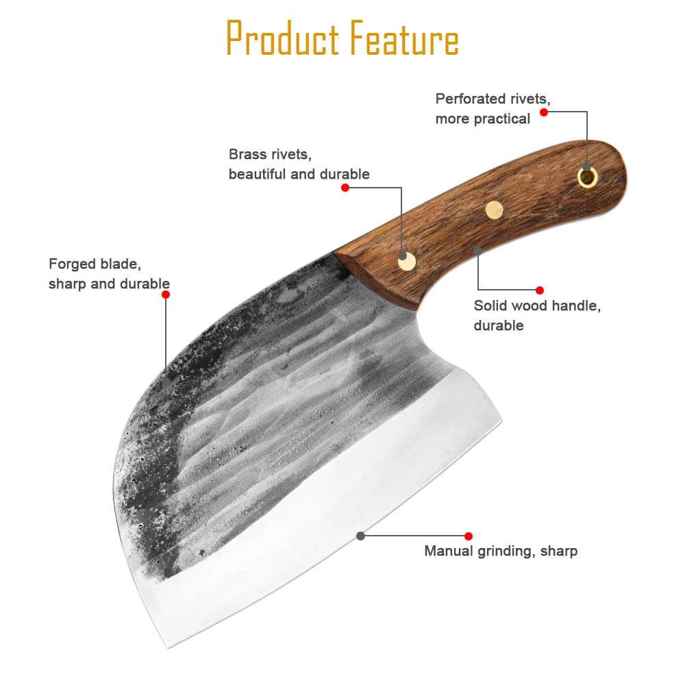 XITUO Full Tang Kitchen Chef Knife Premium High Carbon Steel Meat Cleaver Extra wide blade Solid Wooden Handle Cooking Tool