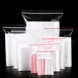 Bolsas plásticas transparentes impermeáveis, bolsas plásticas com zíper transparente para armazenamento de biscoitos e tecidos, pacote com 100 peças