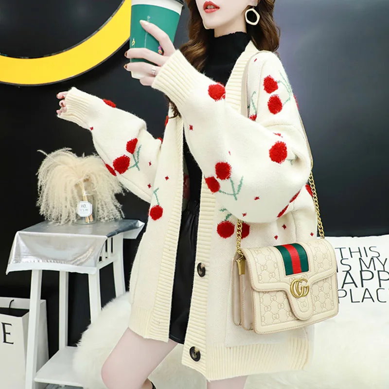 Autumn 2024 Cherries Embroidery Mid-length Cardigans Women V-Neck Long sleeve Big Pocket Knitted Sweater Coat Loose Ladies Tops