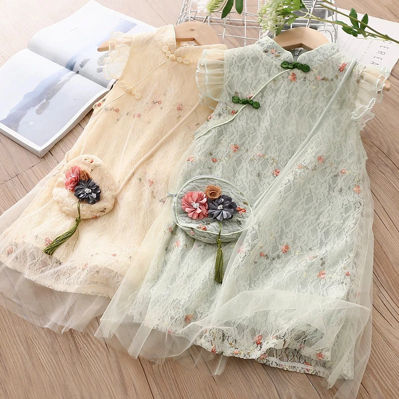 2023 Summer New 3 4 6 8 9 10 11 12 Years Chinese Style Crew Neck Fly Sleeve Lace Cheongsam Dresses With Bag For Kids Baby Girls