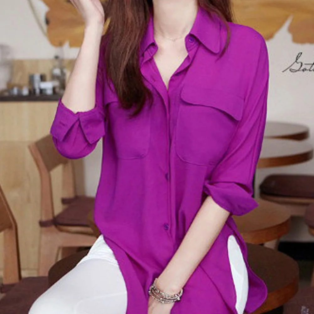 Hot 2019 Fashion Vrouwen Lady Chiffon Blouse Top Solid Pockets Lange Mouwen Tee Shirt 2 Kleuren