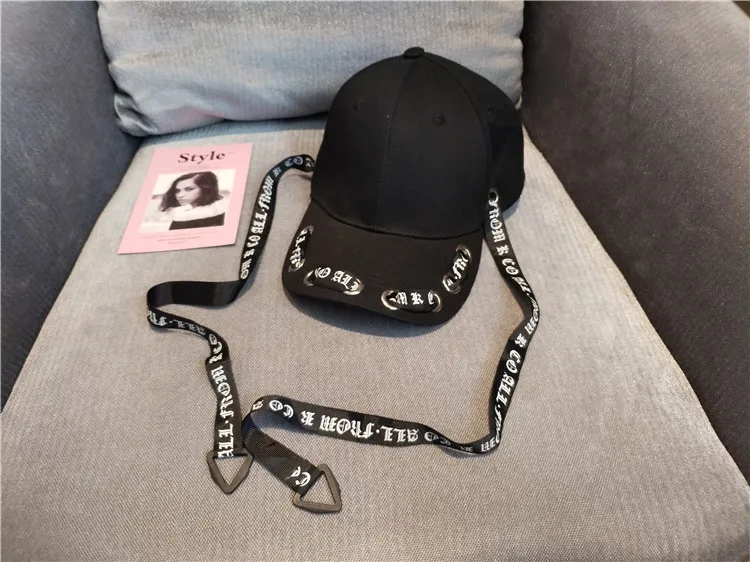 Punk Personality Women\'s hip hop baseball caps British Strings Rings Long belt letter snapbacks hat Dance caps