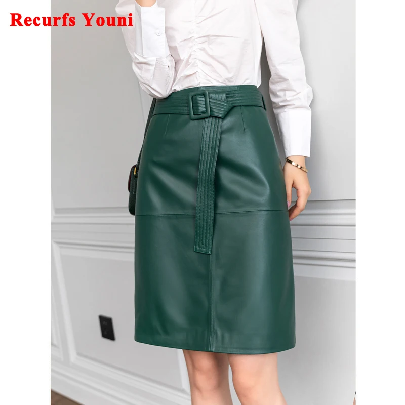 Women Lace-up Genuine Leather Skirt Female Winter Pure Sheep Skin Knee Length Saias With Belt Feminina Neat Stitches Wrap Jupe