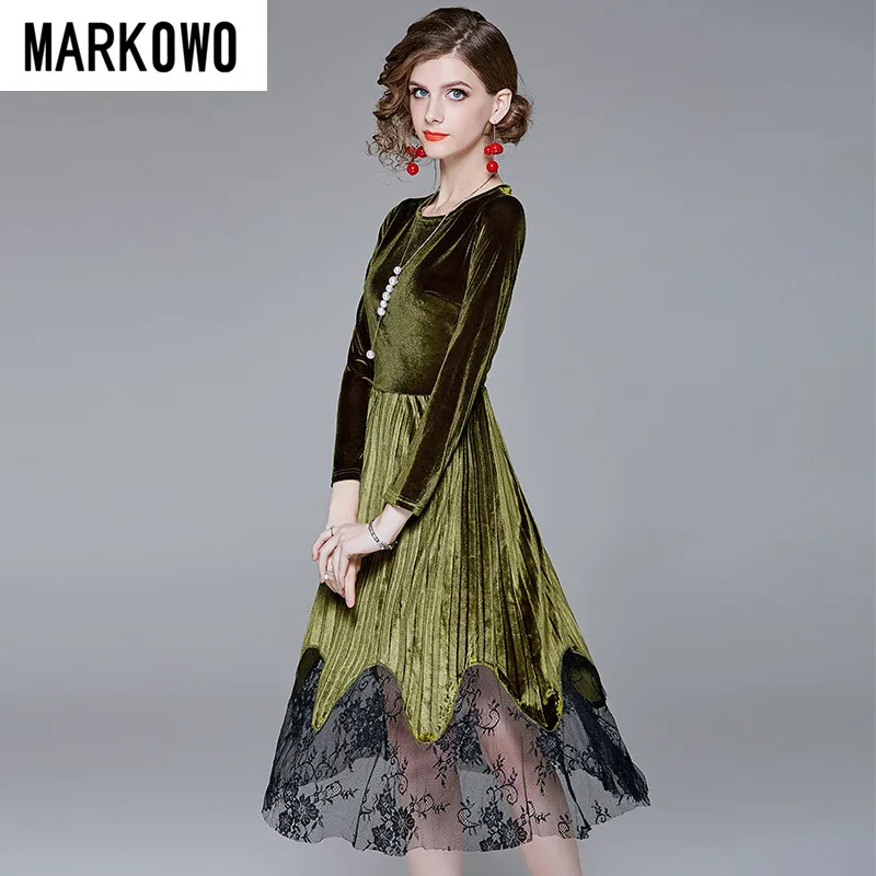 

MARKOWO Desinger Brand New temperament lady velvet pleated skirt lace stitching long sleeve dress