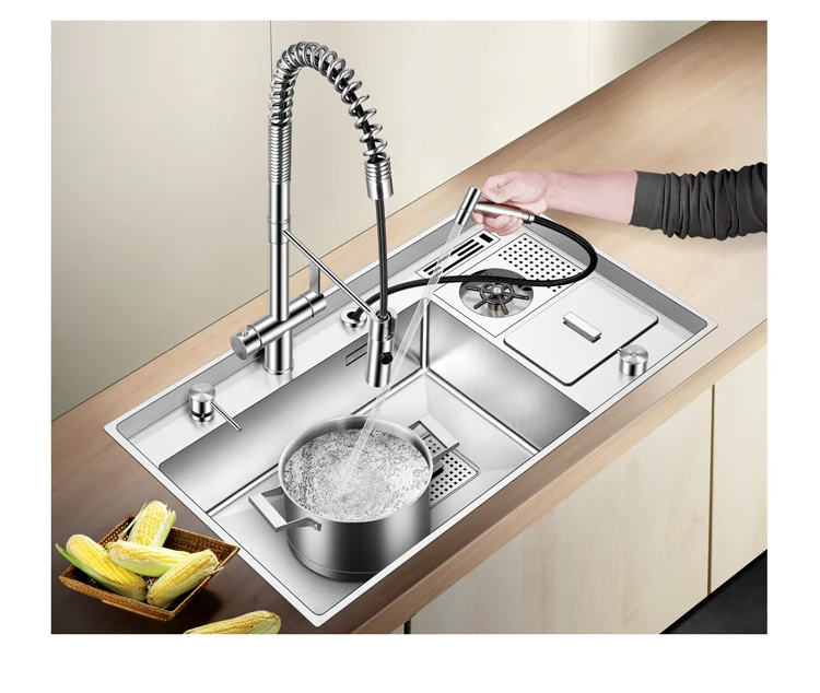 AS-8650X High-pressure Cup Rinser Sink Thickened Handmade Kitchen Sink Stainless Steel Large Single Sink with Trash Can