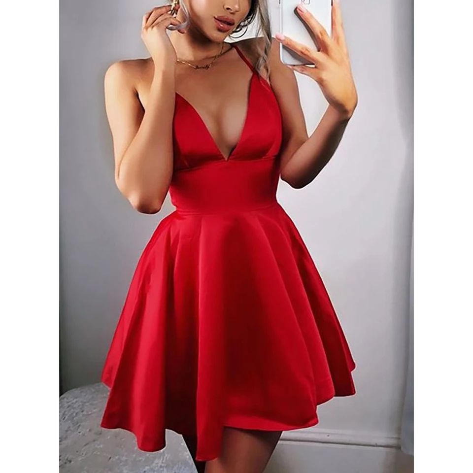 Red Cocktail Dresses 2020 Women Formal Mini Short Prom Dress Sexy V-Neck Homecoming Robe Night Party Club Graduation Vestidos