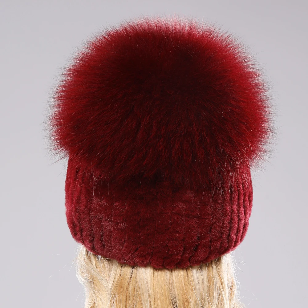 Female\'s Hat Good Elastic Natural Fluffy Real Fox Fur Hat New Winter Women Knitted Real Rex Rabbit Fur Hats Lady Real Fur Cap