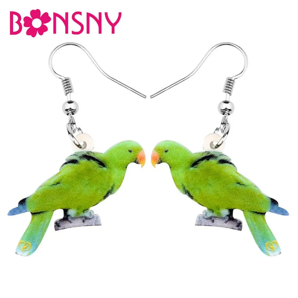 Bonsny Acrylic Green Eclectus Parrot Bird Earrings Drop Dangle Cute Animal Jewelry For Women Girl Teen Gift Hot Party Decoration