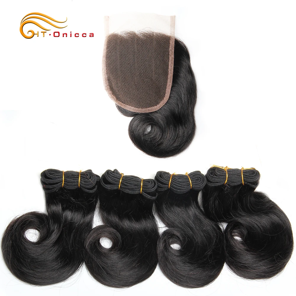 Mèches Indiennes Courtes et Bouclées 100% Naturelles, Cheveux Humains avec Closure, Ombré, 45g/Pièce, 4 Lots