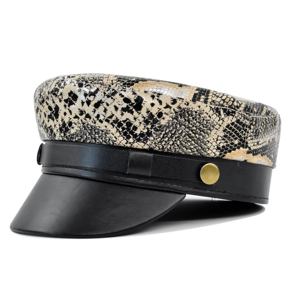 New Fashion snakeskin pattern PU Leather Girl Military caps Spring Autumn Sailor Hats for Women Flat Top Captain Cap Cadet Hat