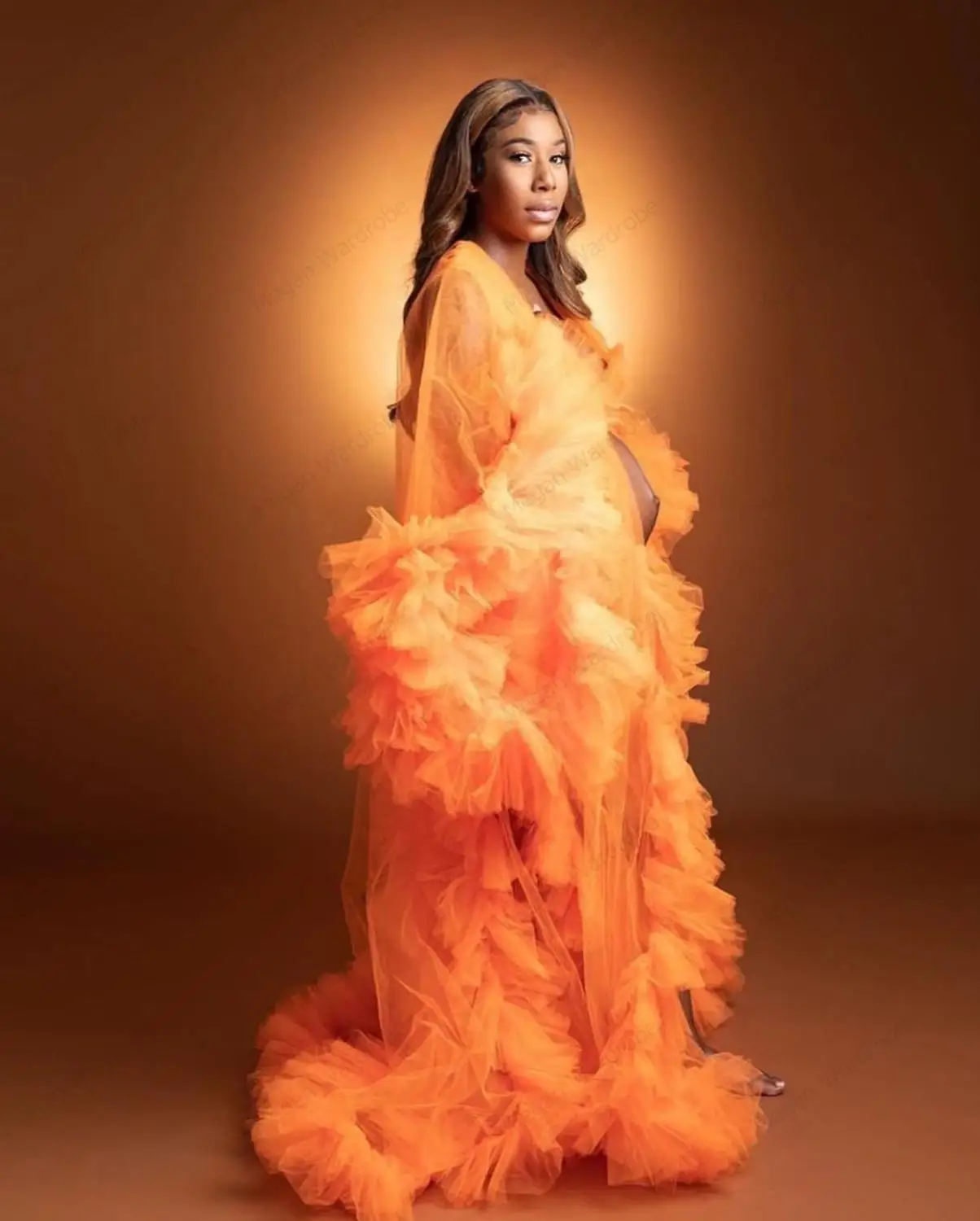 Sexy Orange Tulle Maternity Gowns Long Sleeves Puffy Sheer See Through Tulle Maternity Dresses Robe For Photography