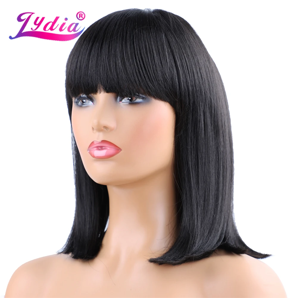 Lydia Synthetic Wigs For Women 100% Kanekalon Black 1B# Bob Wig 14 Inch Heat Resistant With Free Side Neat Bang