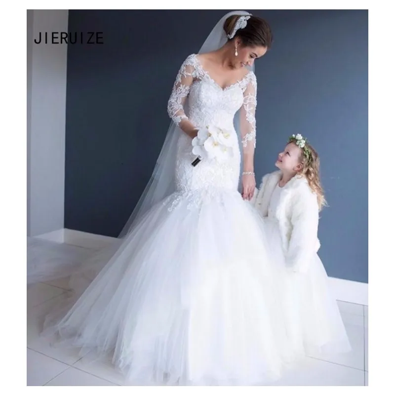 Jieruize moderno sereia sem costas vestidos de casamento profundo decote em v mangas compridas rendas apliques vestidos de noiva igreja novia