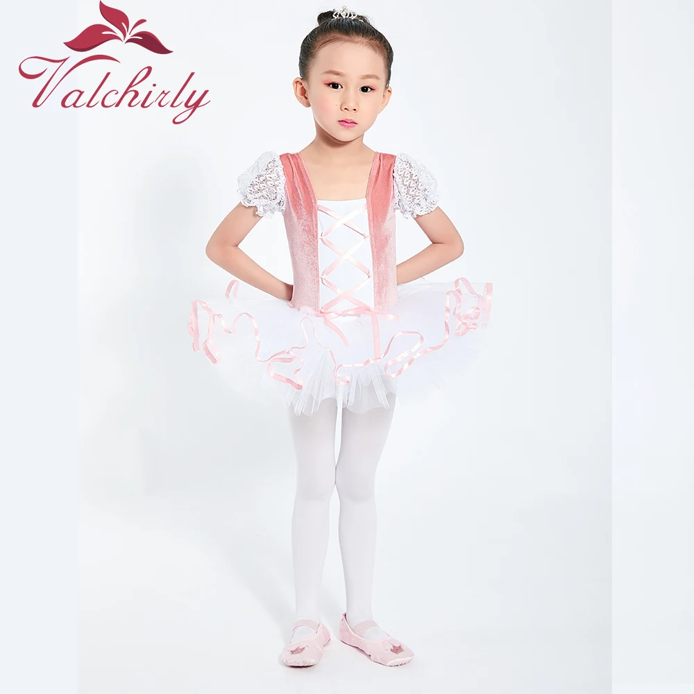 Girls  Ballet Tutu Dress Velvet Body Ribbon Mesh Skirt Short Puff Sleeves Kids Dance Gymnastics Leotard Costumes