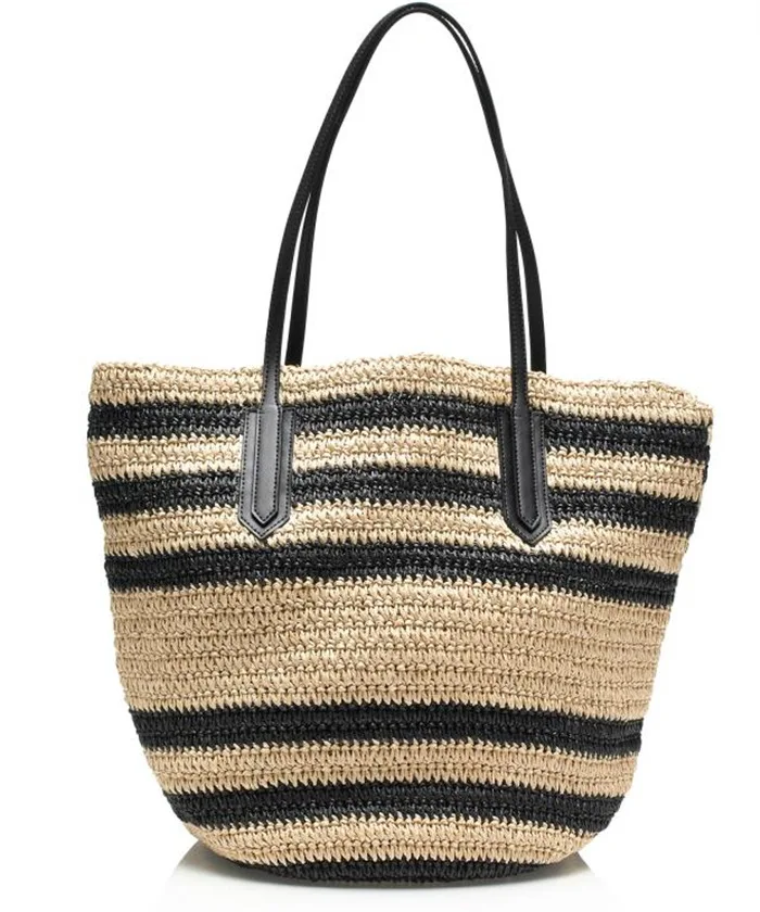 

New Striped High Capacity Women'S Handbag Real Handmade Lafite Shoulder Bag Seaside Vacation Travel Beach Knitting Straw Bag