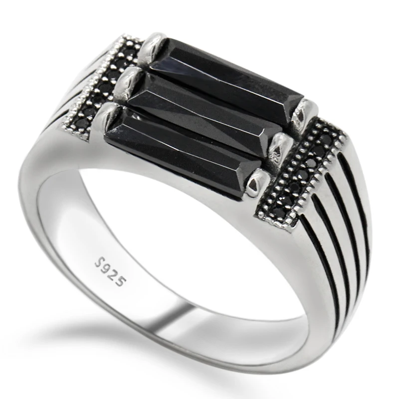 Male Ring 925 Sterling Silver Men Ring Parallel Zebra Lines Black Zircon Band Punk Style Ring for Men Party Jewelry Wedding Ring