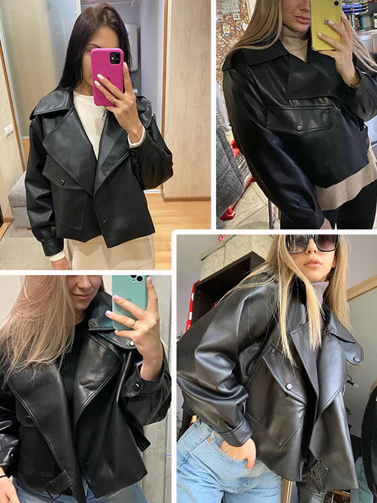 Imagem -06 - Jaqueta de Couro pu para Mulheres Streetwear Solto Colarinho de Virada Outerwear Roupas Primavera Outono 2023