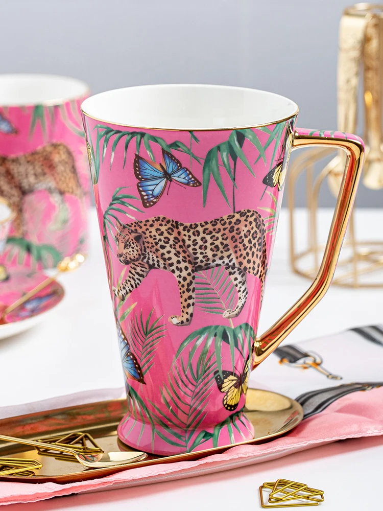 Creative Pink Bone China Mug, Leopard, Forest Cheetah Ceramic Coffee Cup, Milk, Water, Afternoon Tea, Party Drinking,  Drinkware