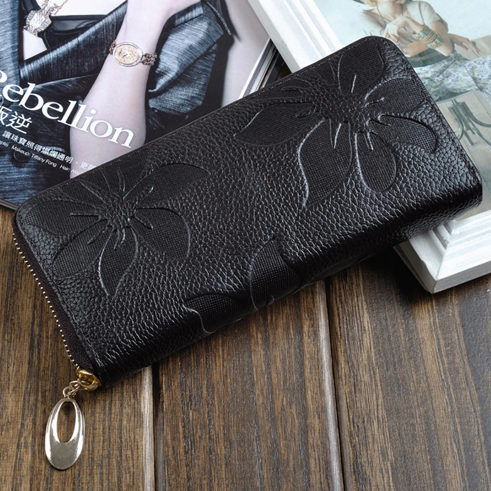 Zency Genuine Leather Wallet For Women Credit Card Case Coin Purse Long Flower Money Bag Female Retro Card Holder Multifunction